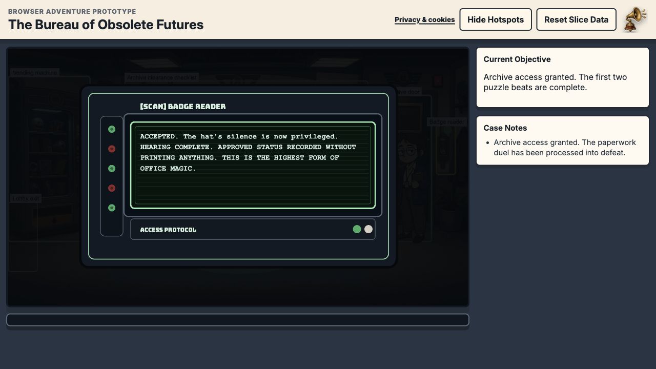 Gameplay screenshot showing archive access granted after the badge reader accepts the completed paperwork chain.