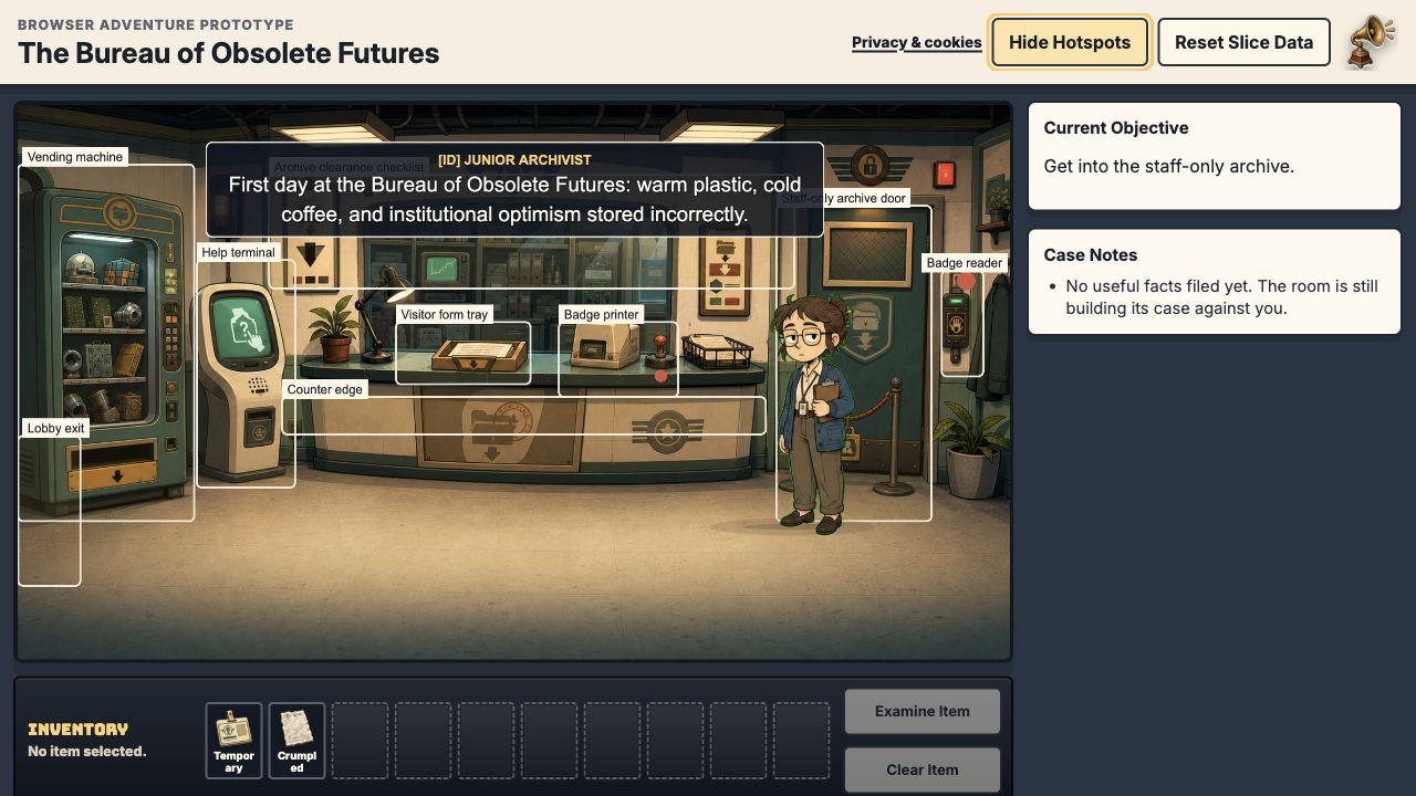 Archive Intake gameplay screenshot with visible hotspot labels, inventory slots and the current objective panel.