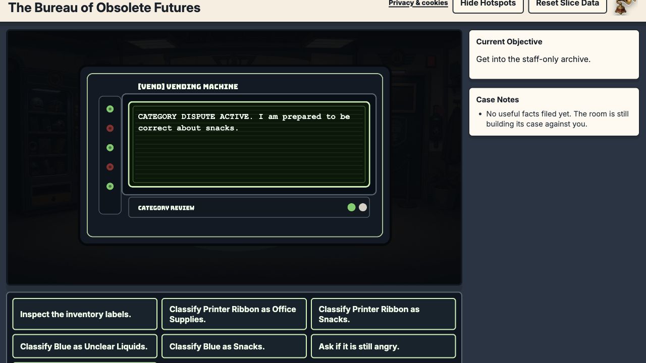 Gameplay screenshot of the vending machine category dispute with dialogue options for classifying printer ribbon.