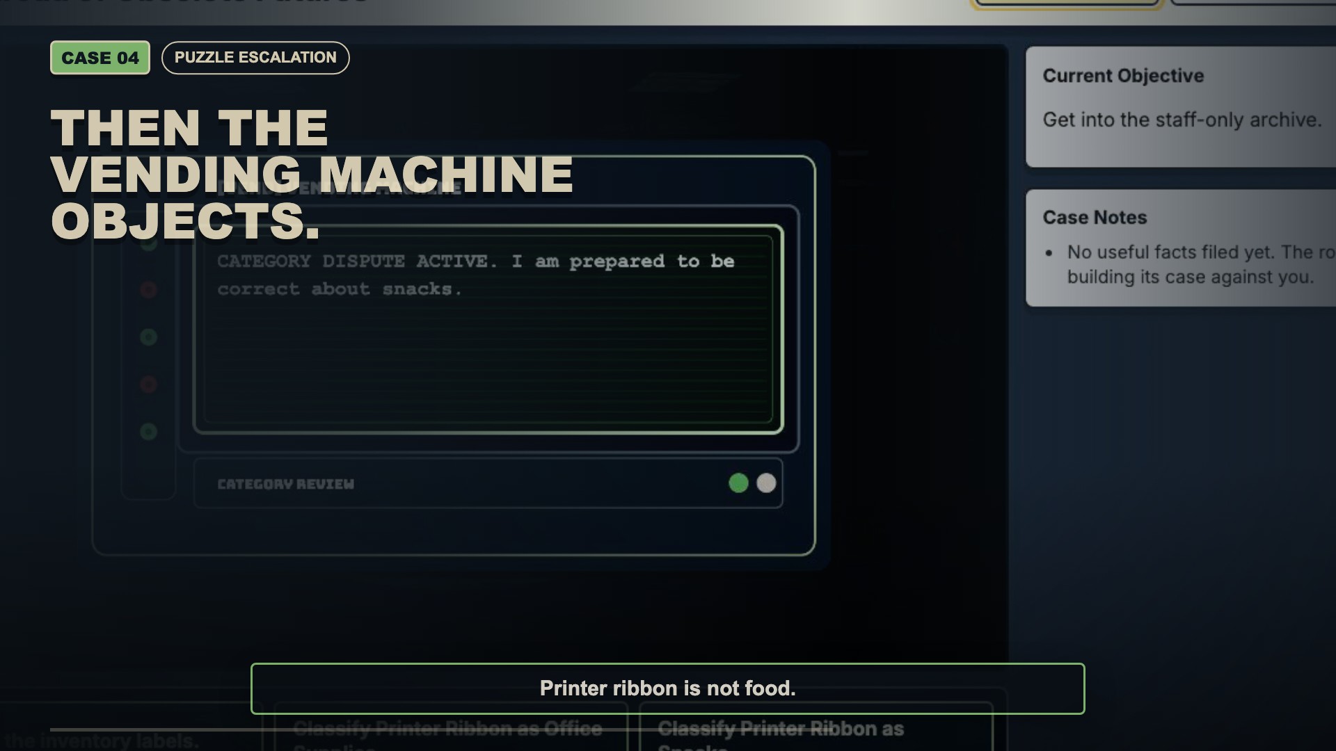 Trailer frame showing the vending machine objection caption over gameplay.