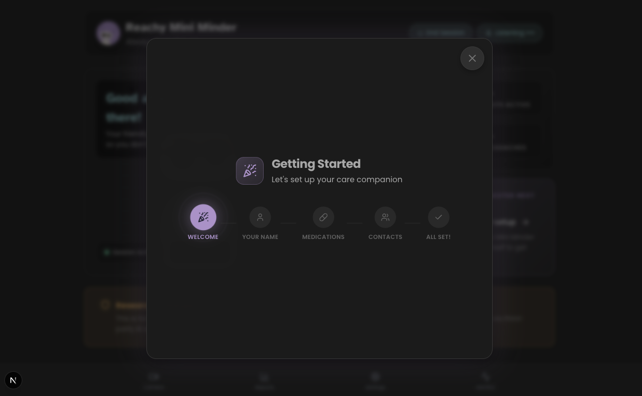 Semi-transparent overlay showing visible dashboard movement behind the onboarding screen, causing visual distraction